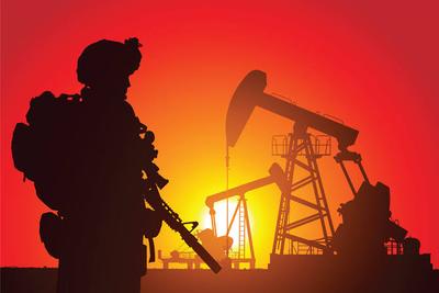 Illustration of soldier with oil rig in background
