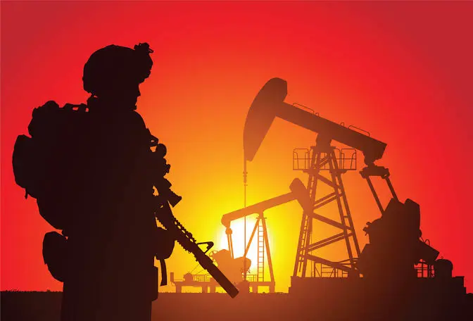 Illustration of soldier with oil rig in background