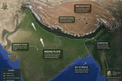 Satellite map of South Asia showing the Indian Plate, Tibetan Plate, Himalayan region, Tibetan Plateau, Gangetic Plain, Cherrapunji and Bay of Bengal.