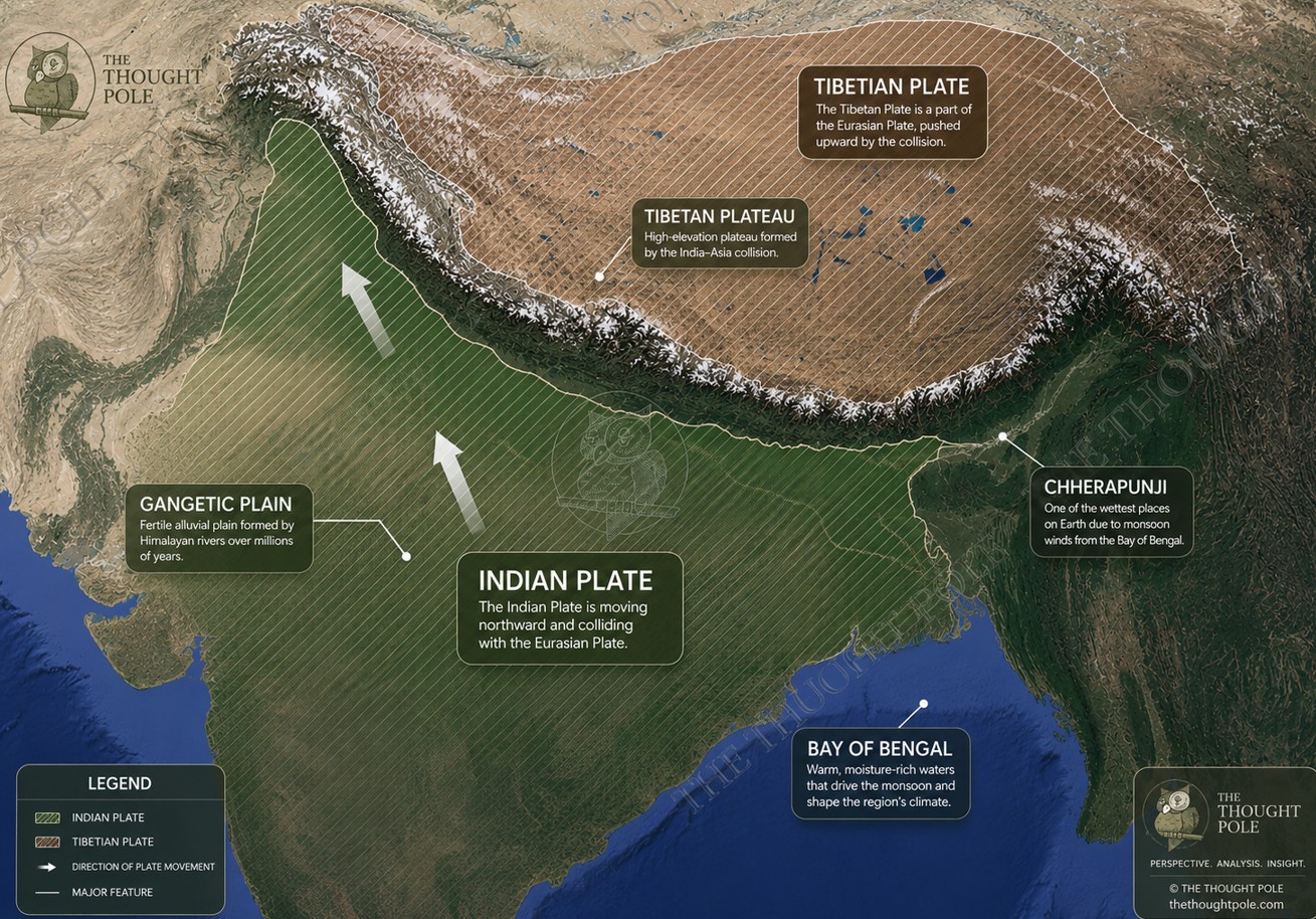 The Great Continental Collision: Shaping the Himalayas, Tibetan Plateau, and Indo-Gangetic Plain